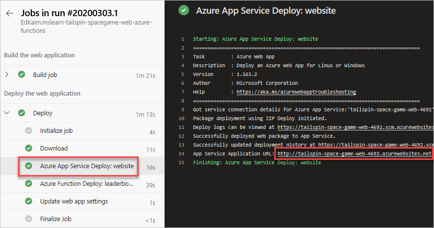 A screenshot of Azure Pipelines, showing the location of the web site URL.