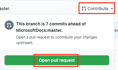 Screenshot of GitHub showing the location of the Open pull request button.