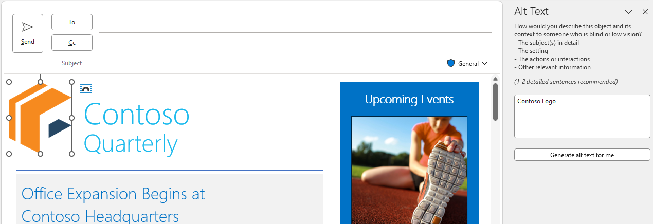 Schermafbeelding van het deelvenster Alternatieve tekst in Outlook.