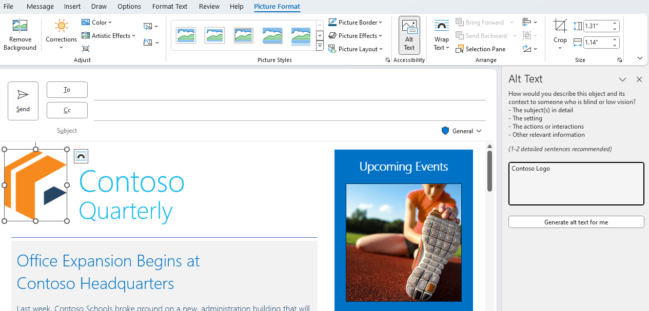 Schermafbeelding van het deelvenster Alternatieve tekst in Outlook wanneer dit wordt geopend vanuit het tabblad Afbeeldingsopmaak.