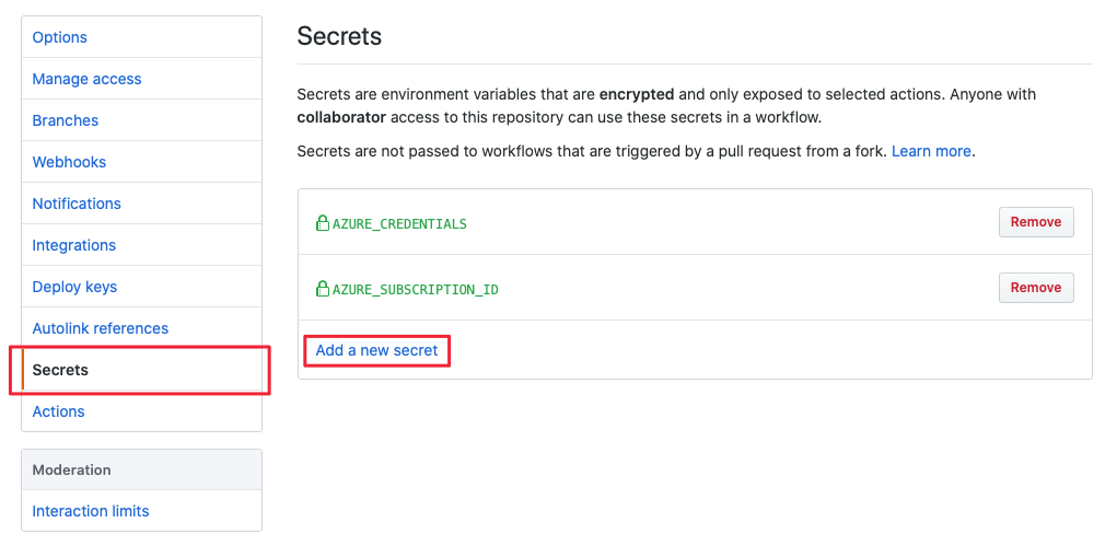 Schermopname van de GitHub-portalinterface voor het maken van een geheim.
