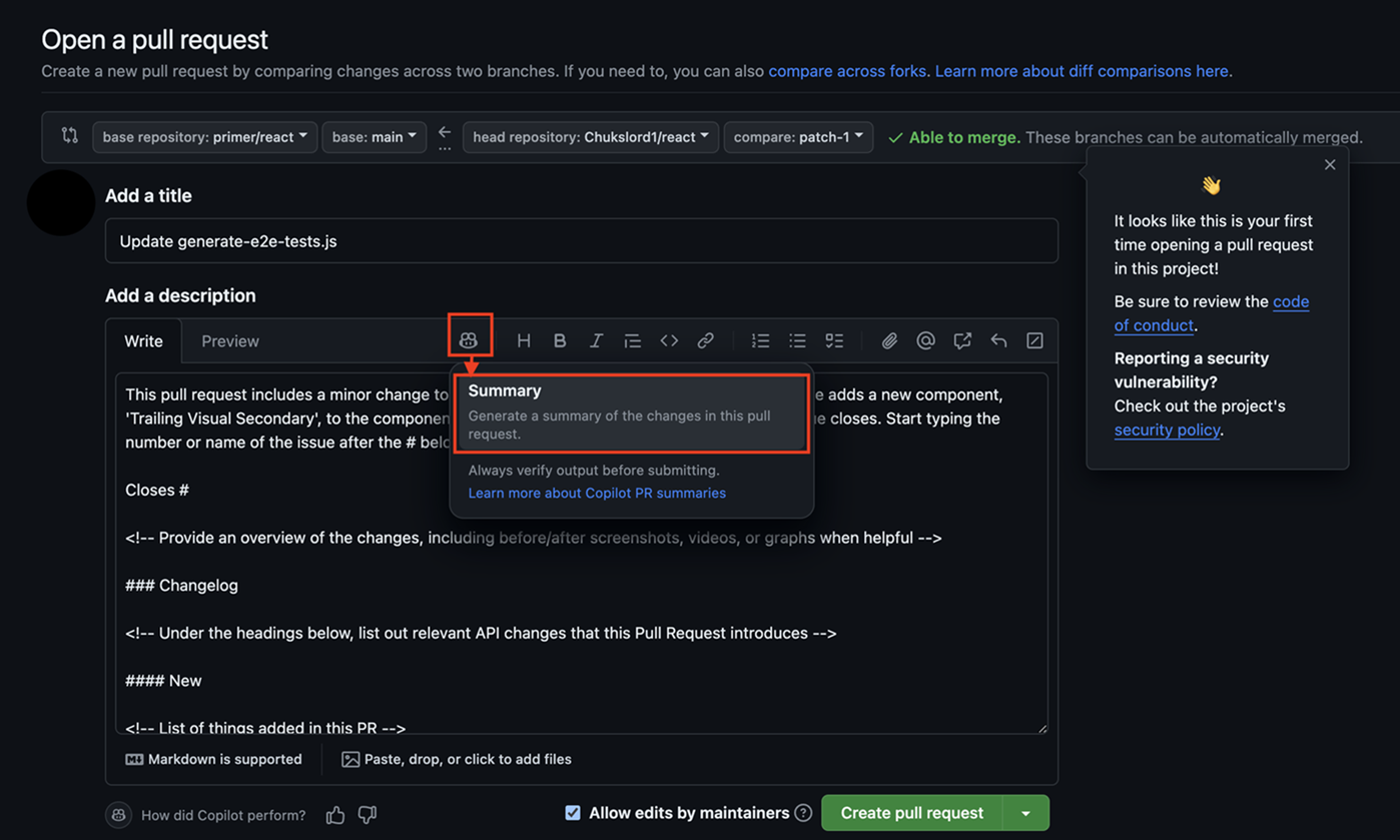 Schermopname van het genereren van een samenvatting van een pull-aanvraag.