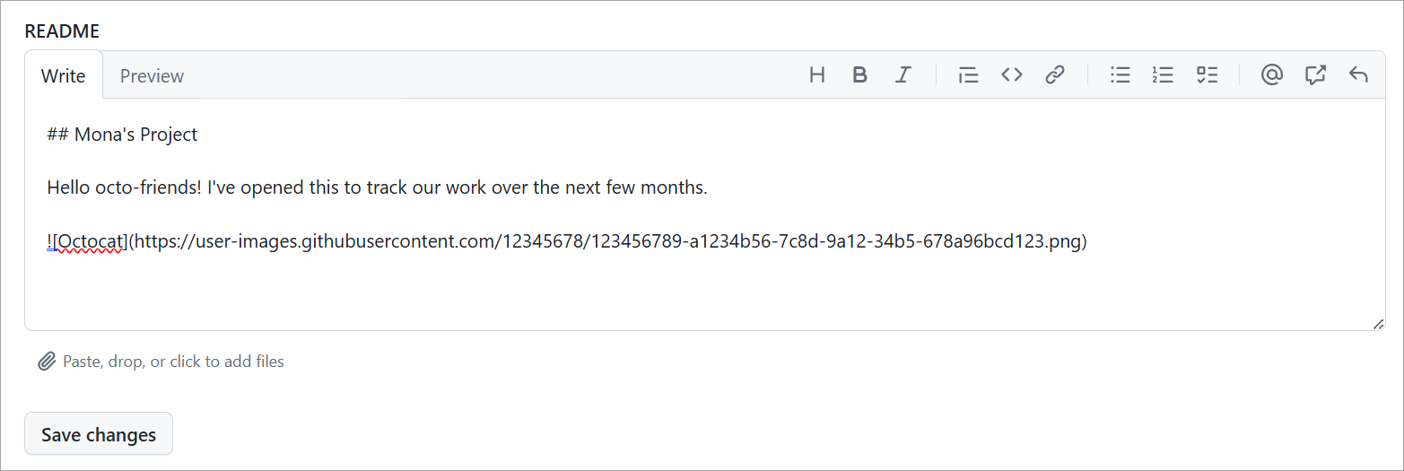 Schermopname van een Project README die is gemarkeerd met voorbeeldtekst waarin het project van de gebruiker wordt beschreven.