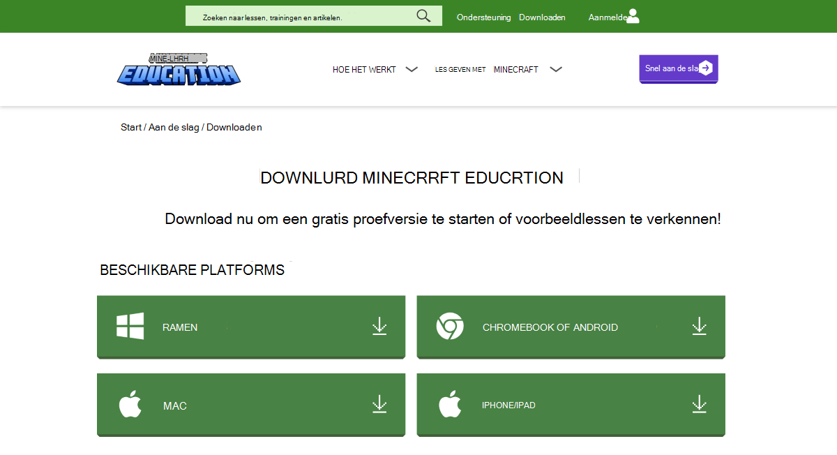 Schermopname van de downloadpagina van Minecraft Education. Navigatieopties zijn onder andere How It Works, Teach with Minecraft, Support, Download, Sign In en Quick Start. Downloadknoppen zijn voor Windows, Chromebook of Android, Mac en iPhone/iPad.