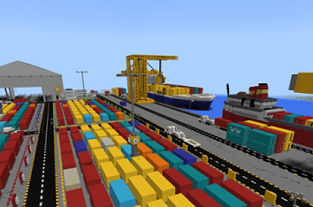 Schermafbeelding met meerdere gekleurde verzendcontainers in Minecraft: Education Edition.