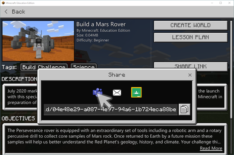 Schermafbeelding van de interface Verzenden Teams met Minecraft Education Edition.