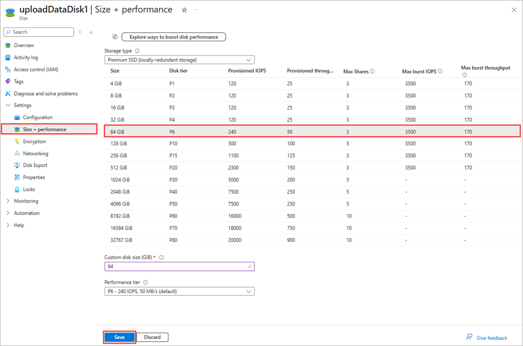 Screenshot showing the VHD edit screen with the new size field highlighted.
