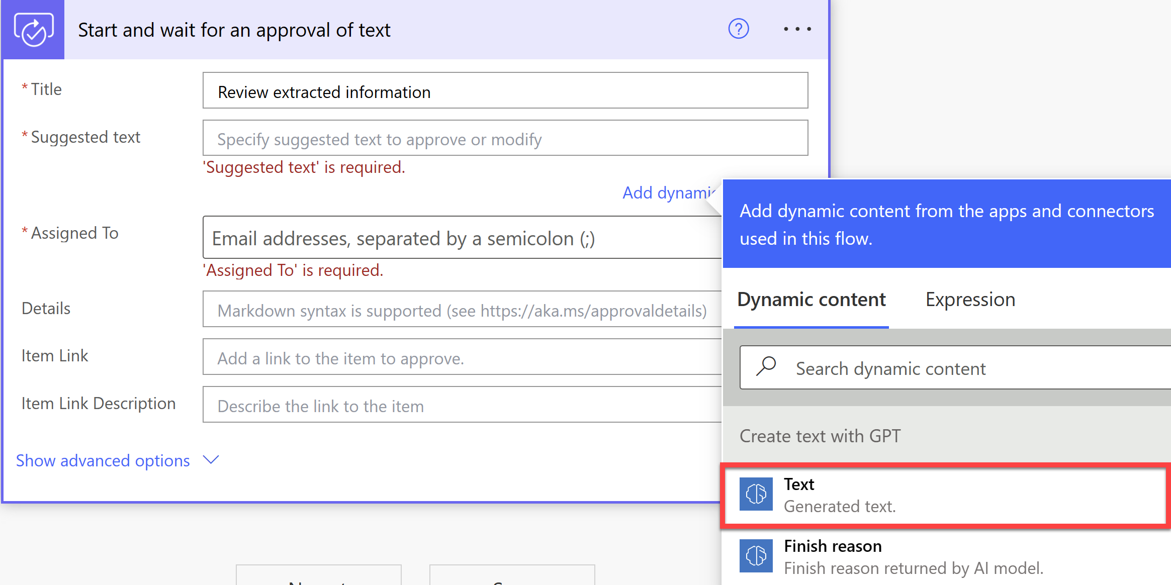 Screenshot displaying the action of adding dynamic content to the Start and wait for an approval of text action.