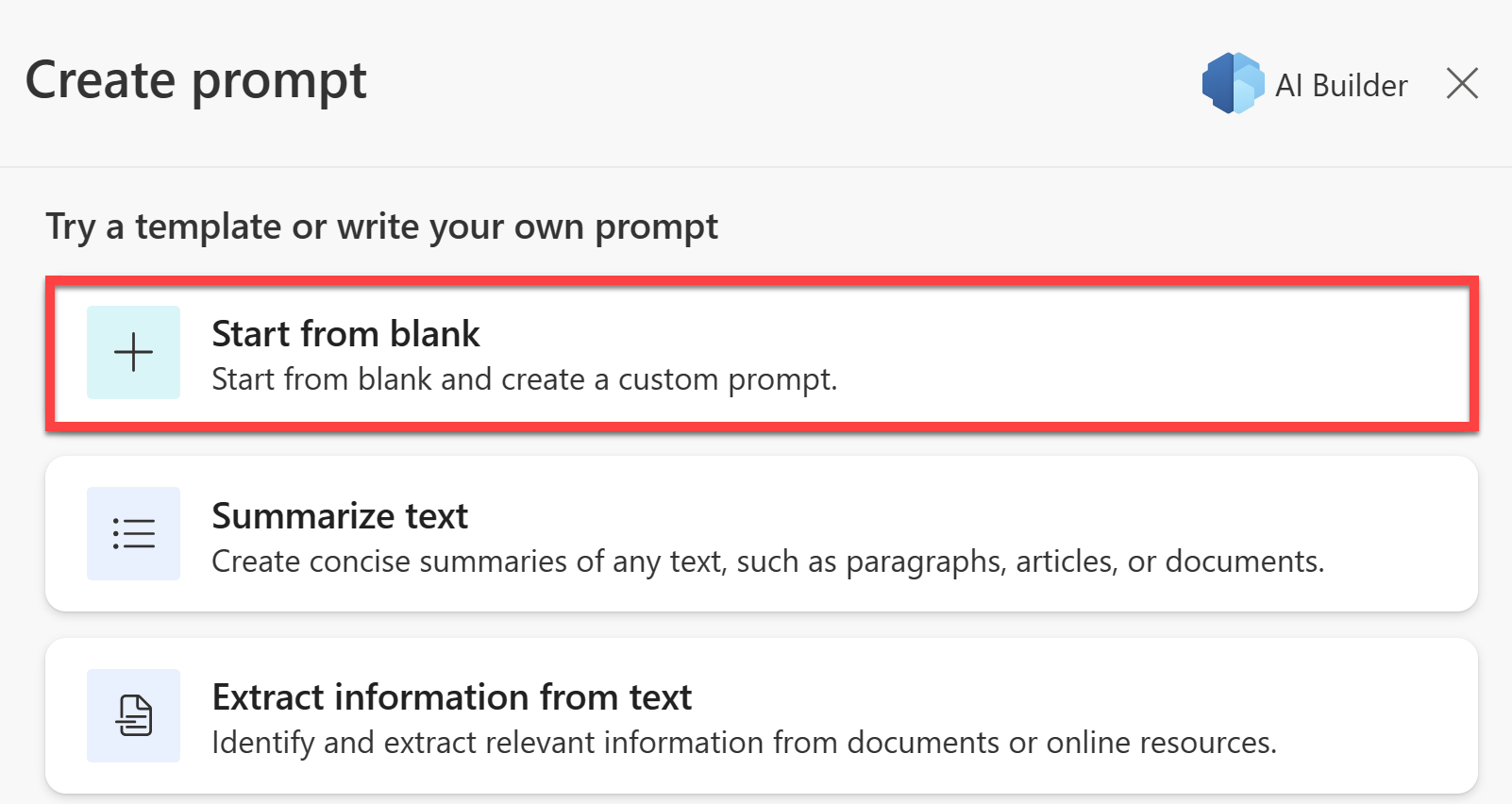 Screenshot of some Create text with GPT prompt templates with Start from blank highlighted.