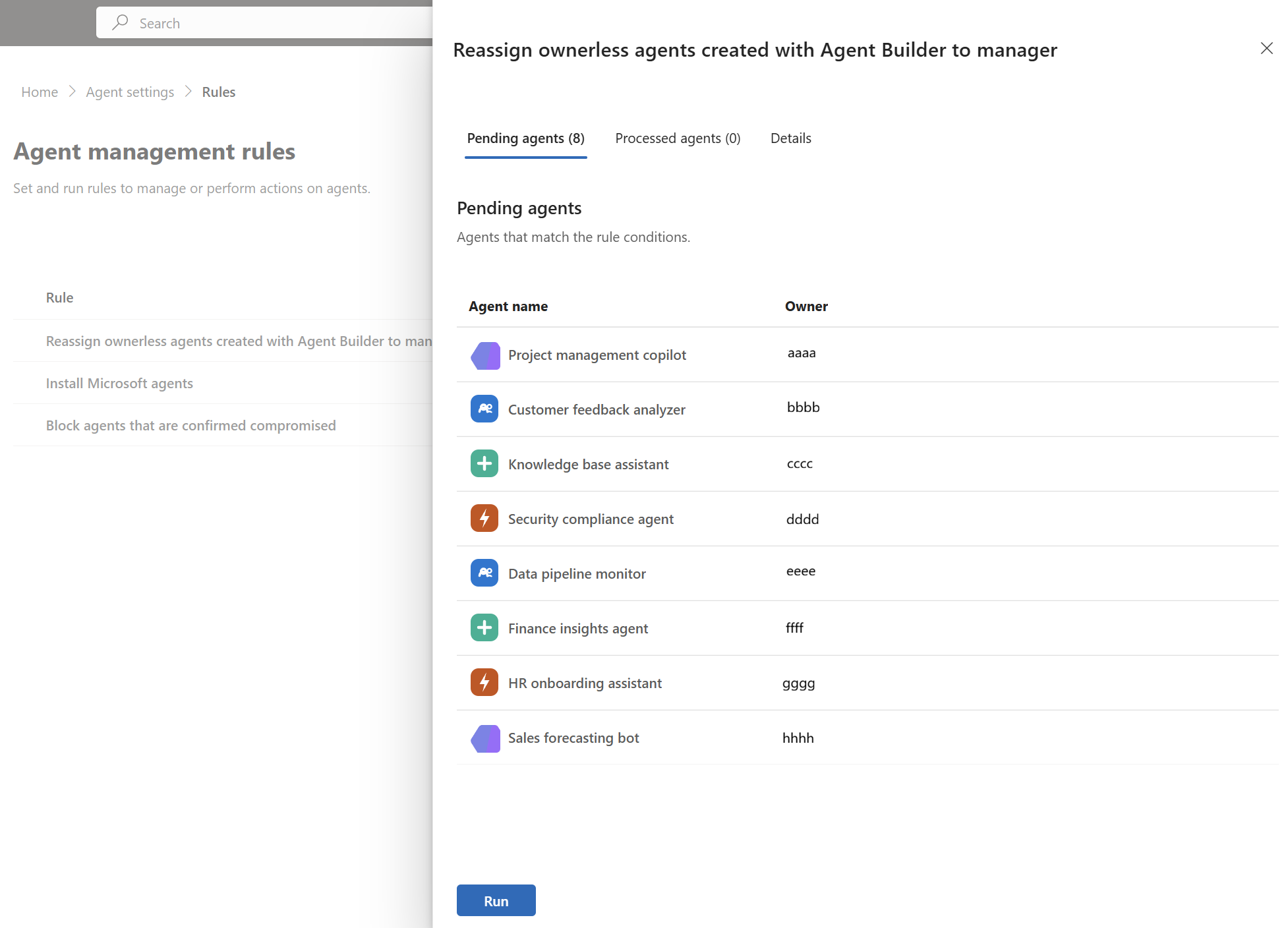 Screenshot showing agent policy management page.