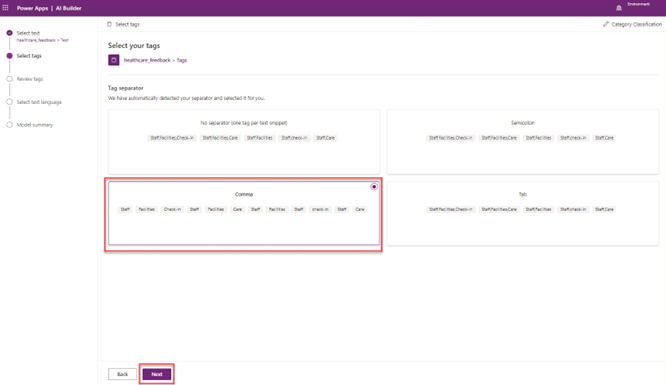 Screenshot of the Category Classification model in Power Apps Studio with a presentation of different separator options and the results with a highlight on the option for Comma.