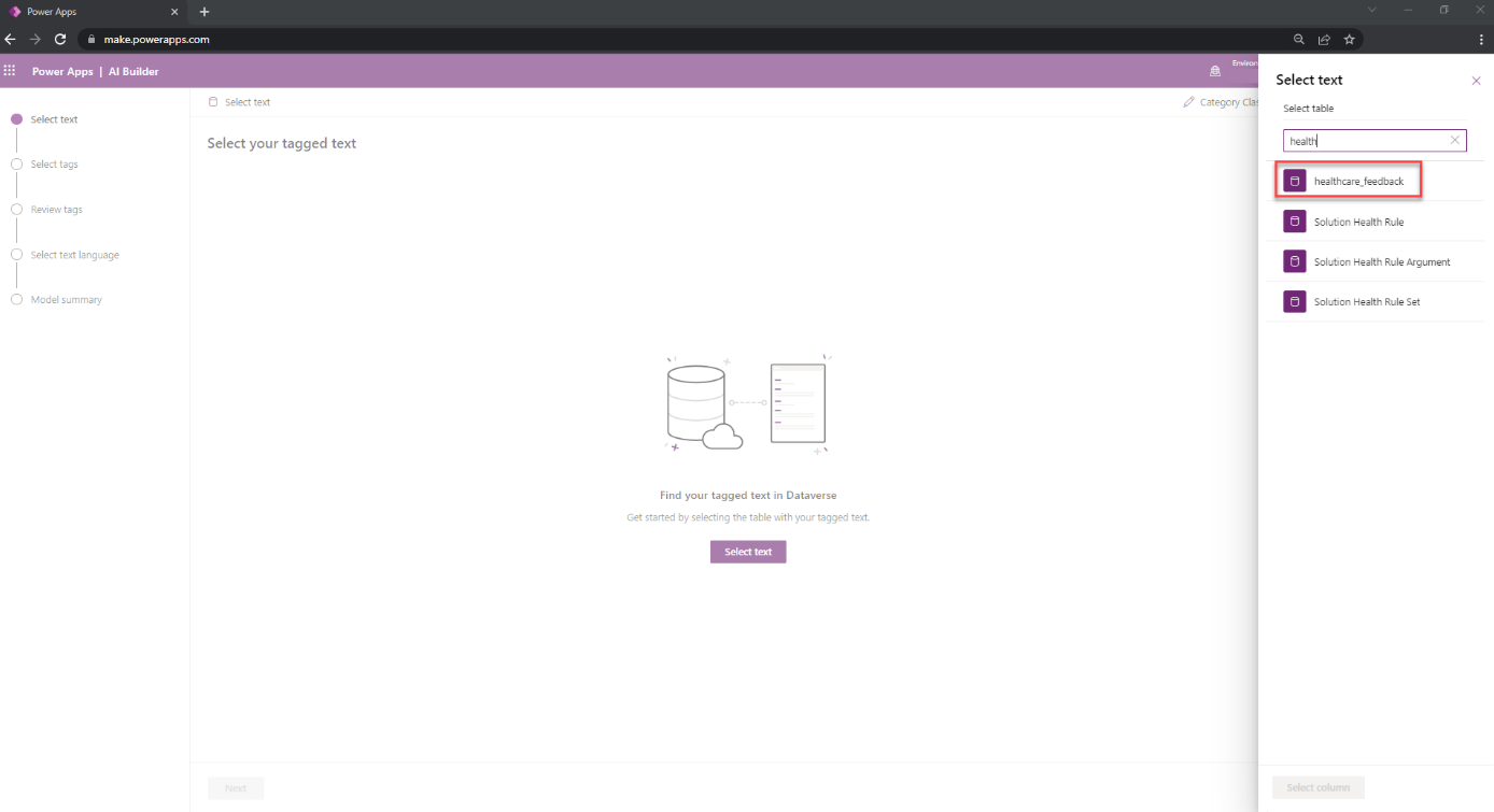 Screenshot of the Category Classification model in Power Apps Studio with a pane on the right to select the source table with a highlight on healthcare feedback.