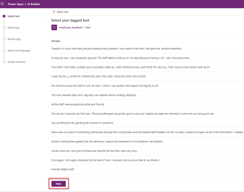 Screenshot of the Category Classification model in Power Apps Studio with a list of records for the selected text column with a highlight on Next.