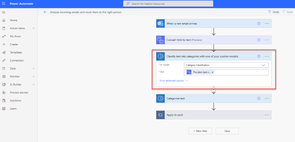 Screenshot of the selected flow in Power Automate Studio with a highlight on the newly added action.
