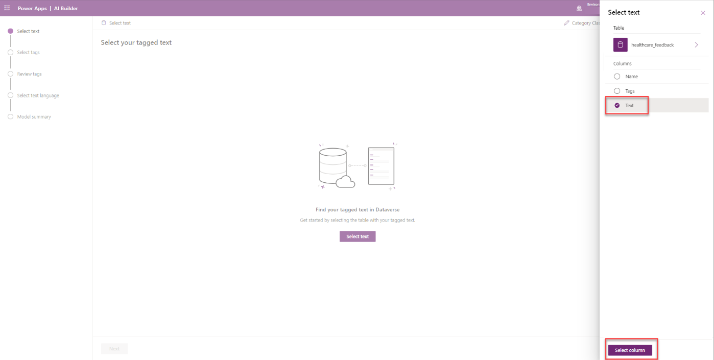 Screenshot of the Category Classification model in Power Apps Studio with a pane on the right to select the Text column.