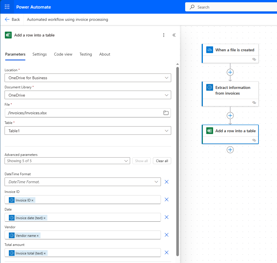 Dialogs for When a file is created, Process and save information from invoices, and Add a row into a table.