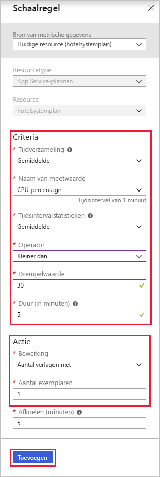 Schermafbeelding van de web-app in Azure Portal tijdens het configureren van de regel voor inschalen van automatische schaalaanpassing.