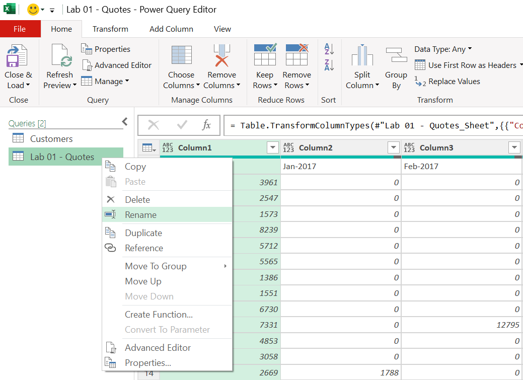 Schermafbeelding van het deelvenster Query's in het venster Power Query-editor, met de naam Lab 01 - Aanhalingstekens geselecteerd voor het wijzigen van de naam.