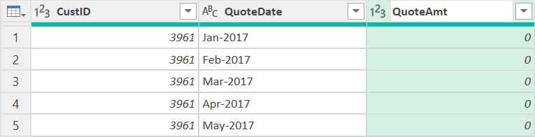 Schermopname van de kolommen Kenmerk en Waarde waarvan de naam is gewijzigd in QuoteDate en QuoteAmt.