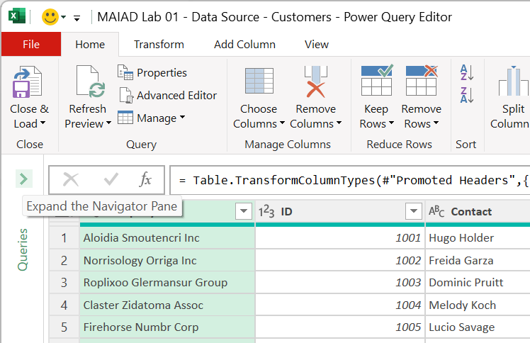 Schermopname van het venster Power Query-editor met het deelvenster Query's samengevouwen en de pijl om het deelvenster uit te vouwen.
