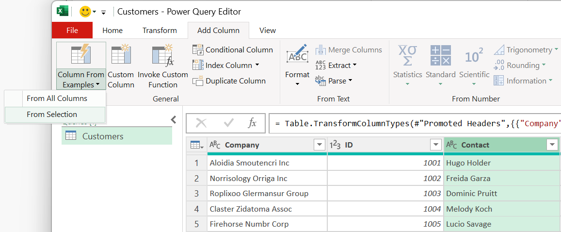 Schermopname van Power Query-editor venster met de menuopties Kolom toevoegen.