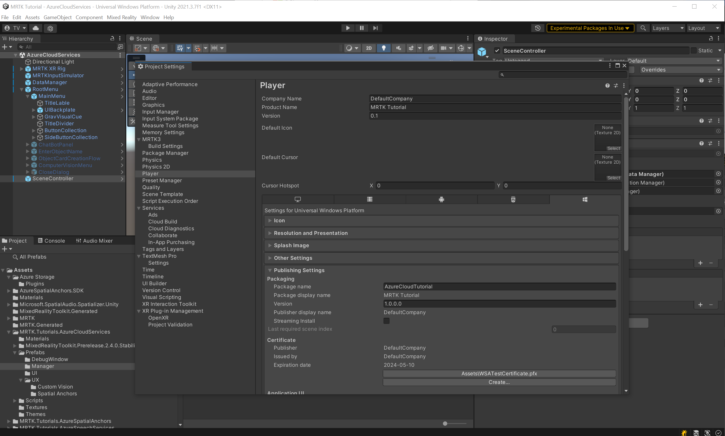 Screenshot of Unity Publishing Settings.