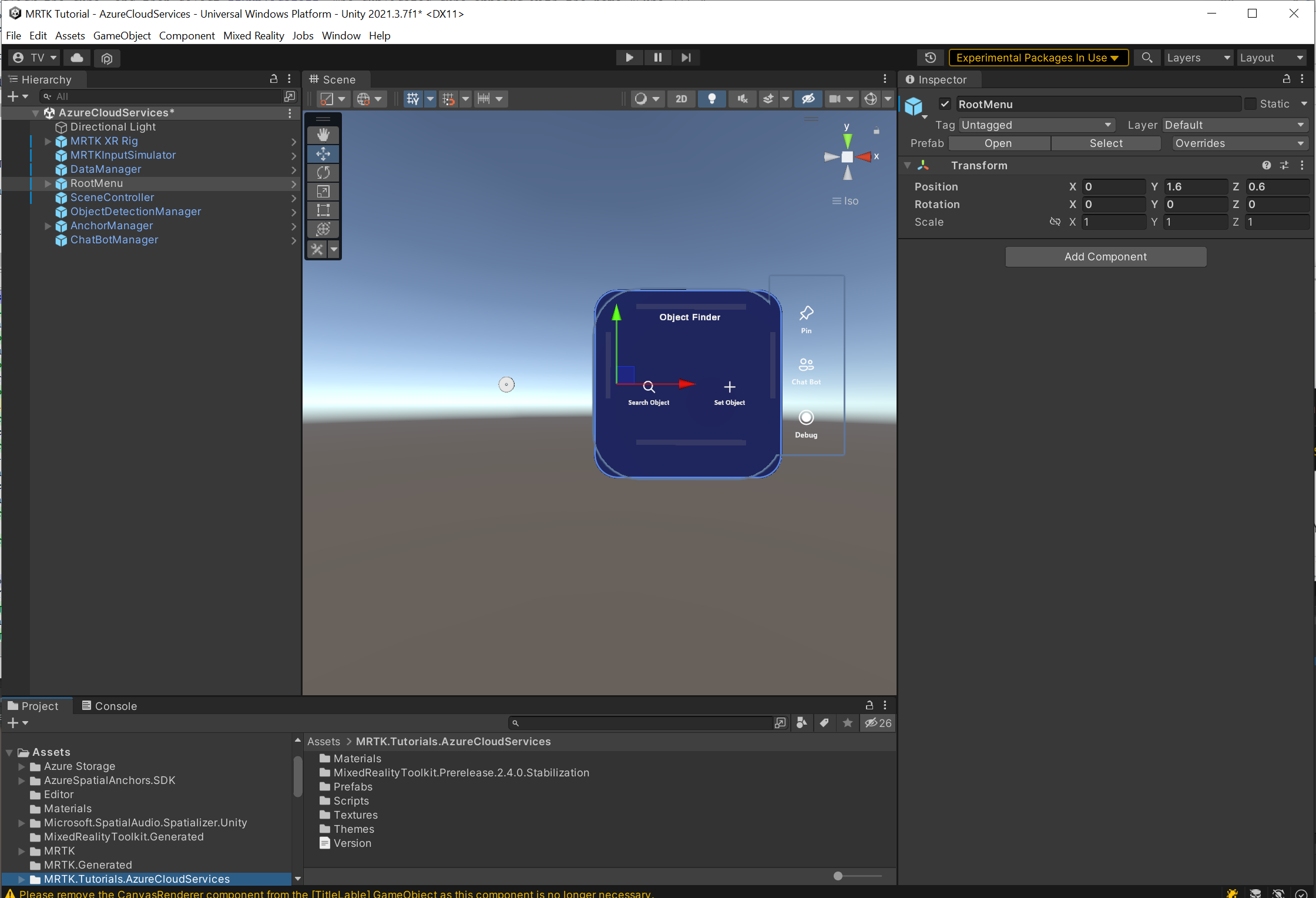 Screenshot of Unity with RootMenu object selected.
