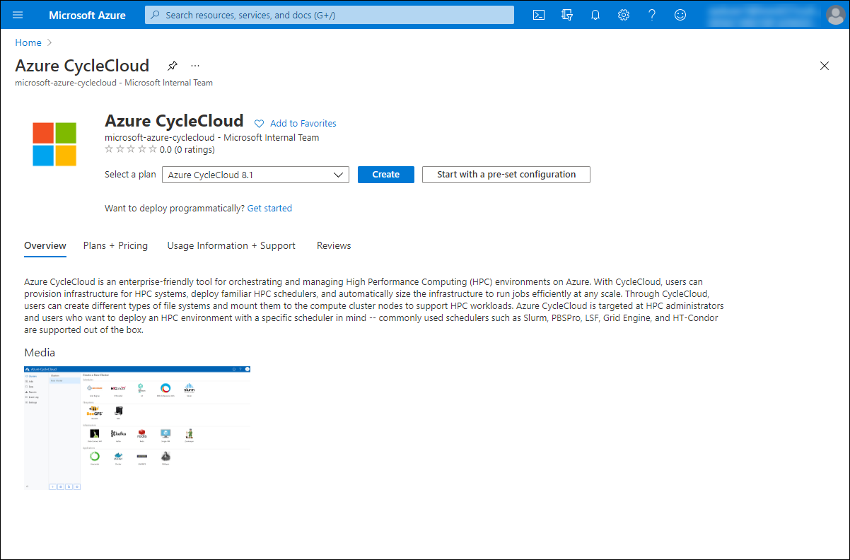 Schermopname van de sectie Maken van Azure CycleCloud in Azure Portal.