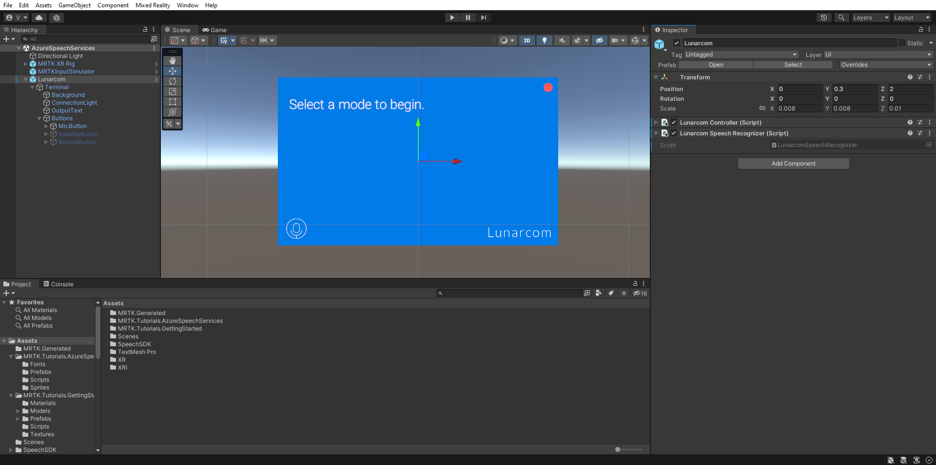 Screenshot of adding the Lunarcom Speech Recognizer (Script).