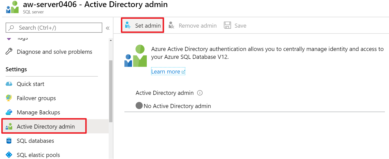 Screenshot of setting the Microsoft Entra administrator.