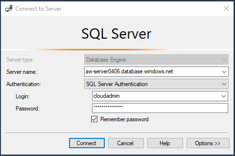 Schermopname van verbinding maken met SQL Database in SSMS.