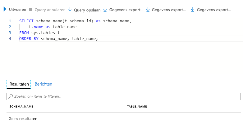 Screenshot that shows no results returned after querying for the tables in the database.