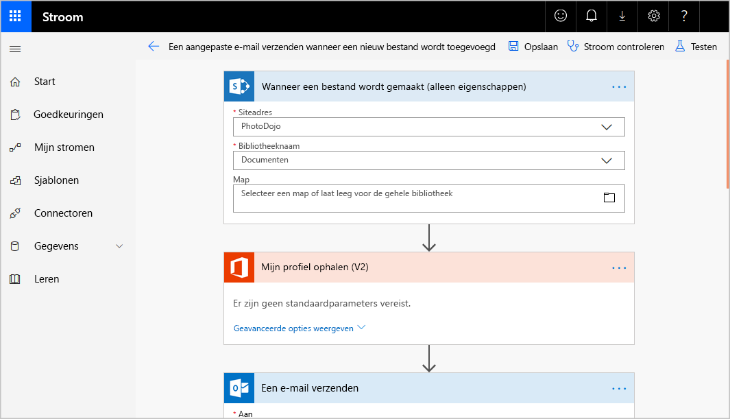 Schermopname van de Microsoft Power Automate-ontwerper met een werkstroom en bestandstrigger, een Office-actie om het profiel van een gebruiker op te halen en een Outlook-actie om een e-mail te verzenden.