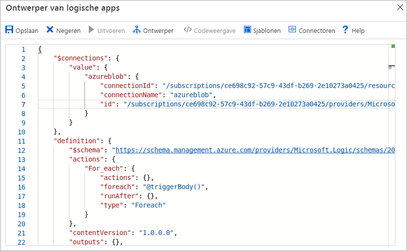 Schermopname van de Code-editor van Azure Logic Apps in Azure Portal.