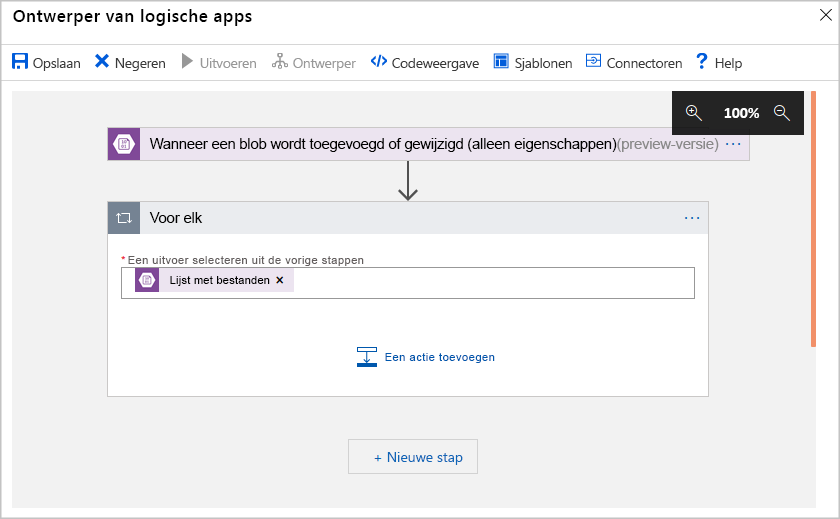 Schermopname van azure Logic Apps-werkstroomontwerper in Azure Portal.