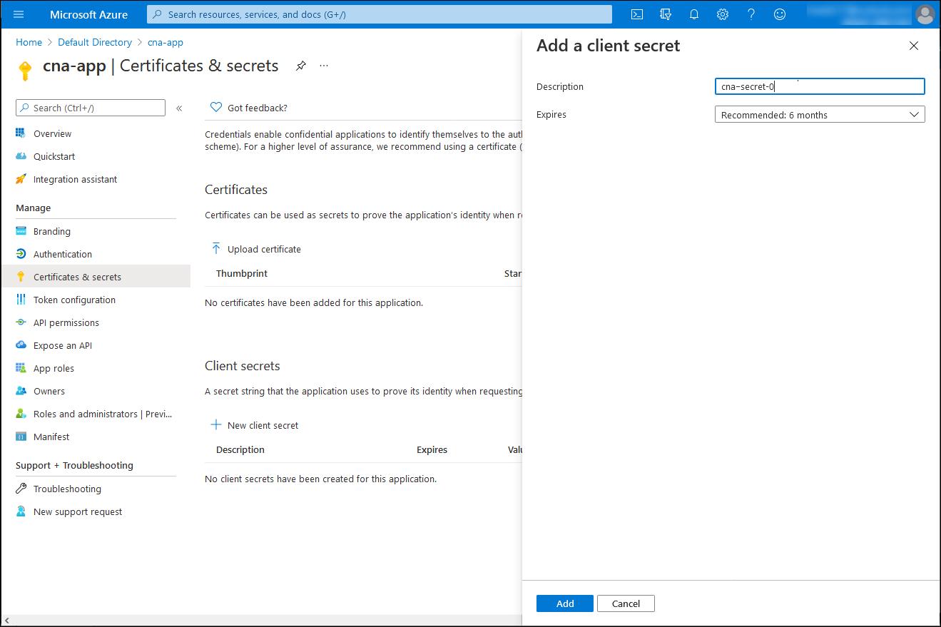 Screenshot of the Add a client secret blade in the Azure portal.