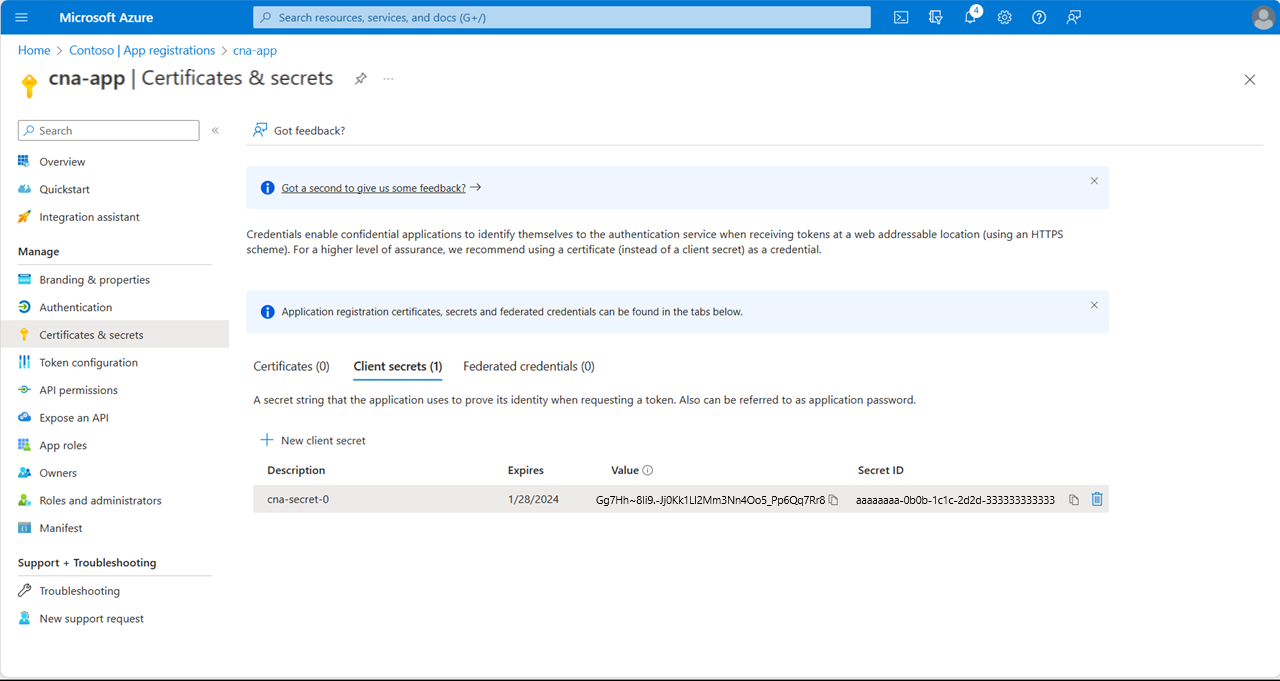 Screenshot of the value of the client secret on the cna-app Certificates & secrets blade in the Azure portal.