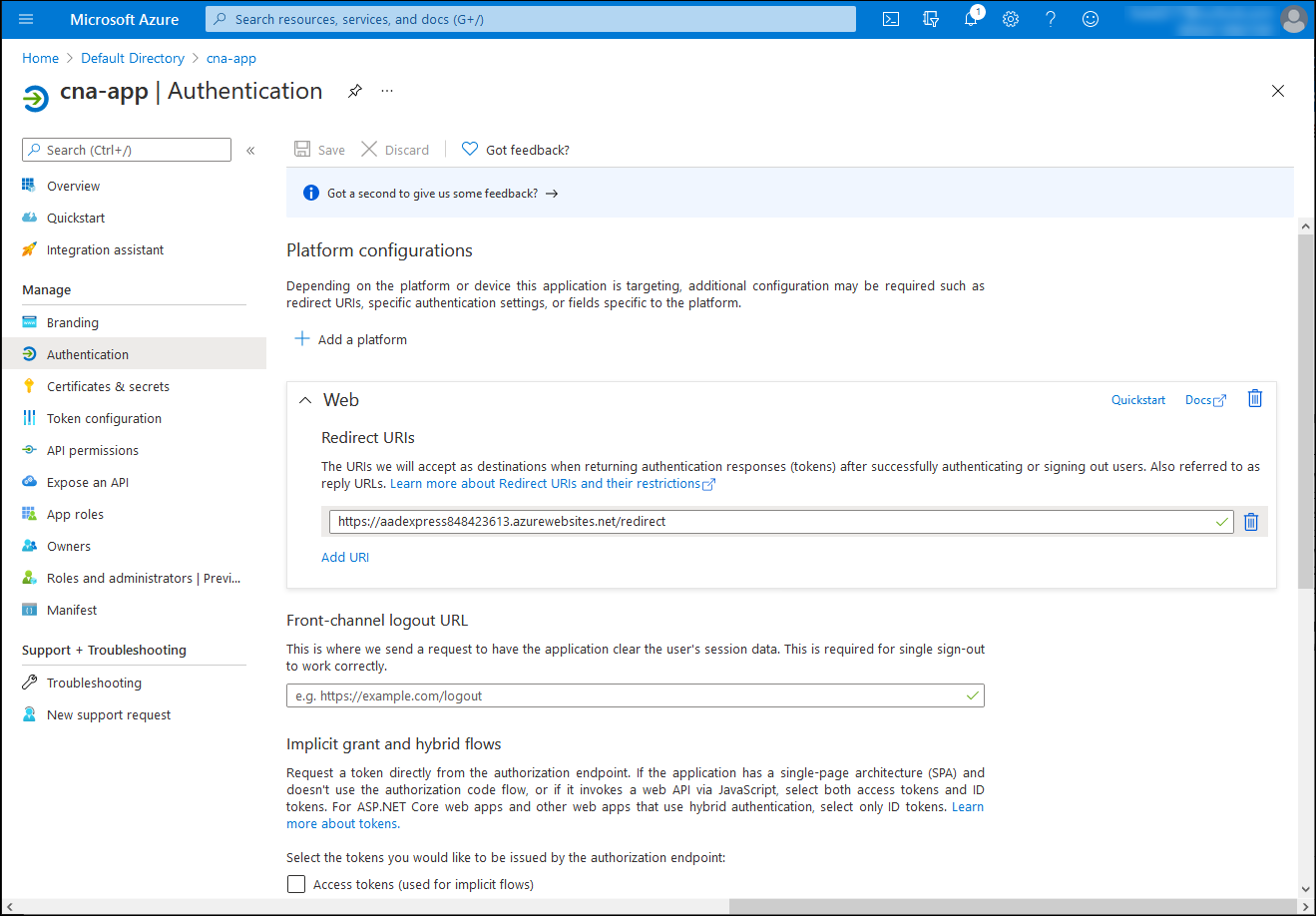 Screenshot of the cna-app Authentication blade in the Azure portal.