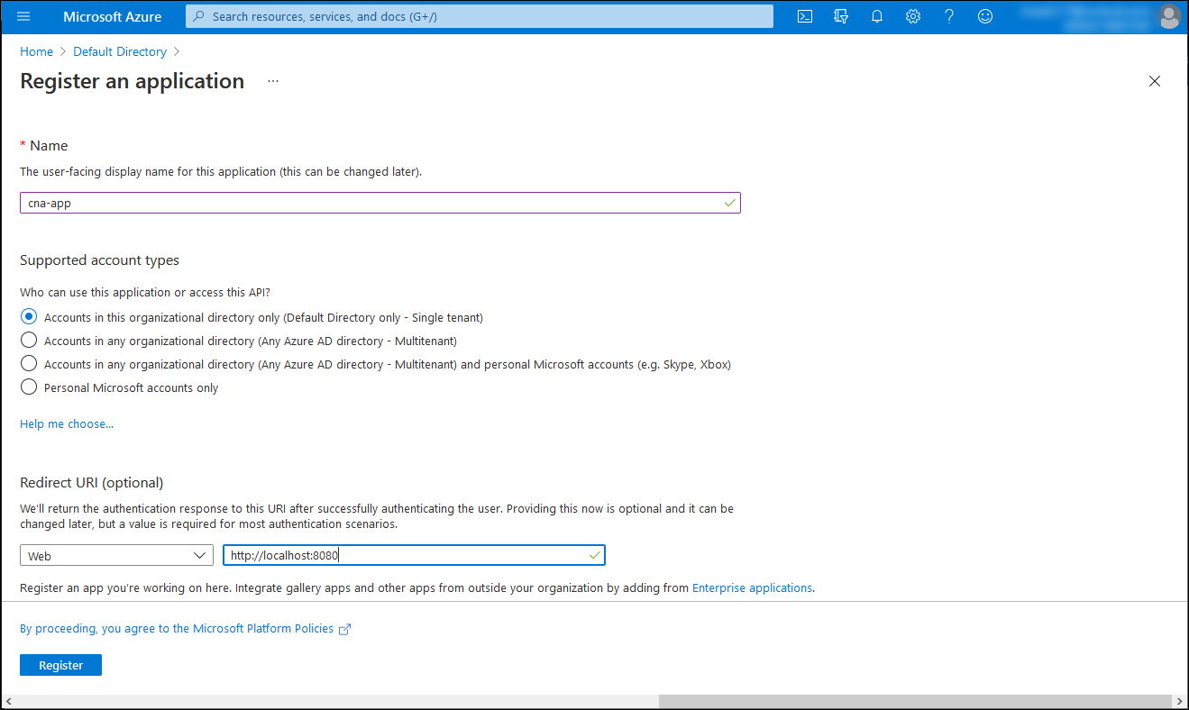 Screenshot of the Register an application blade in the Azure portal.