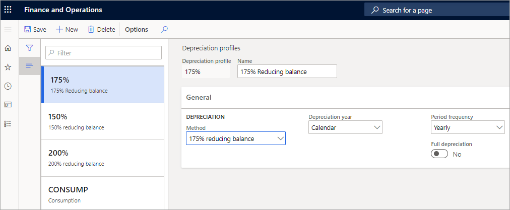 Screenshot of the Depreciation profiles page.