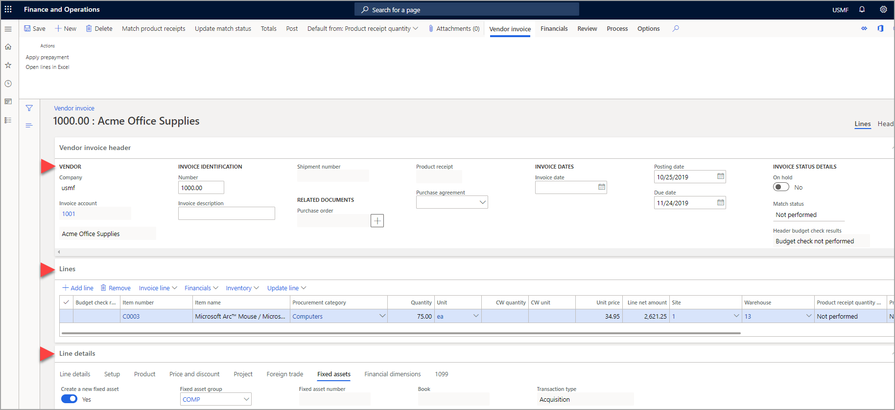 Screenshot of the vendor invoice that has been created.