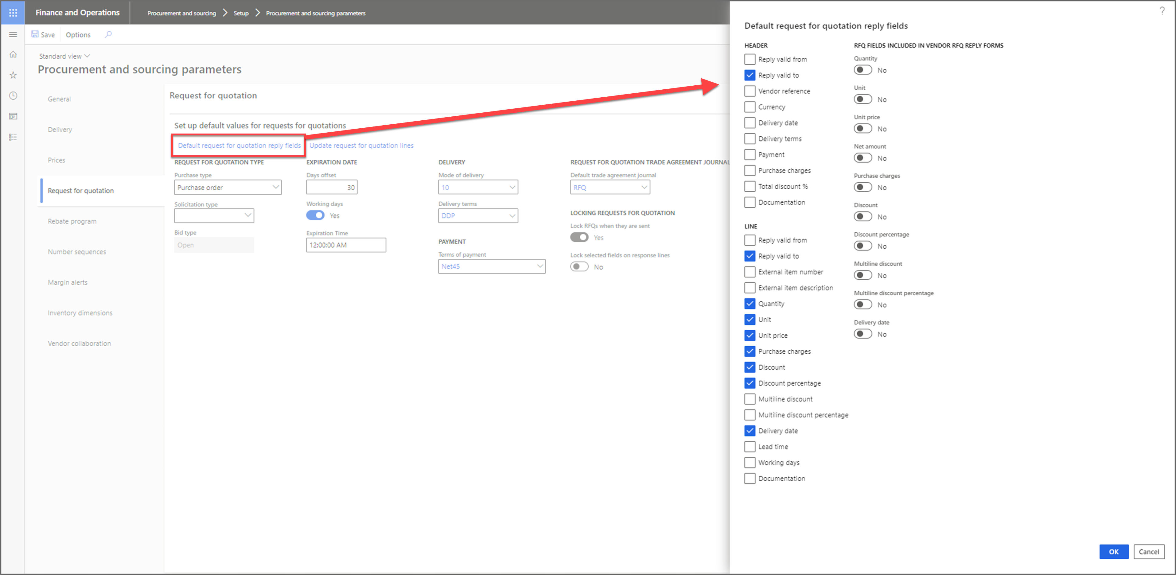 The Default requests for quotation reply fields section that is opened from the link.