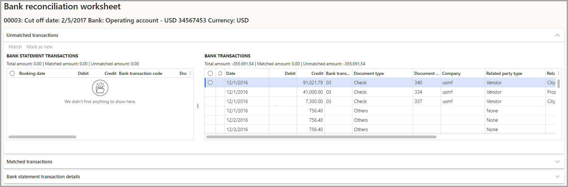Screenshot of the Bank reconciliation worksheet page.