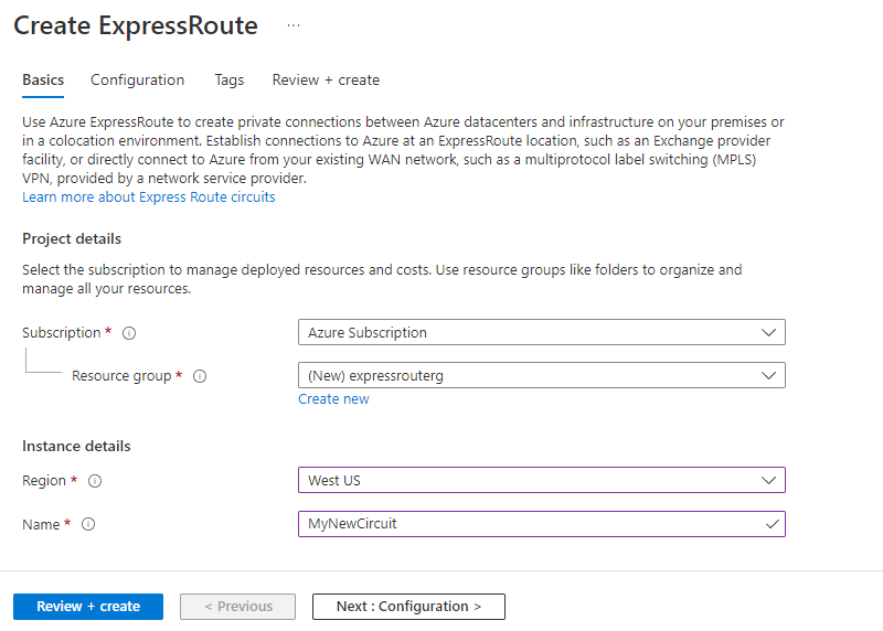 Screenshot showing the Create ExpressRoute Basics tab by using the Azure portal.
