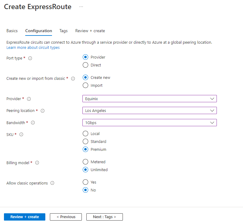 Screenshot showing the Create ExpressRoute Configuration tab by using the Azure portal.