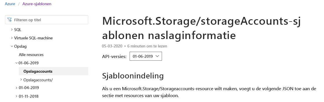 Schermopname van een Microsoft-documentatiepagina met de geselecteerde documentatie voor het opslagaccount.