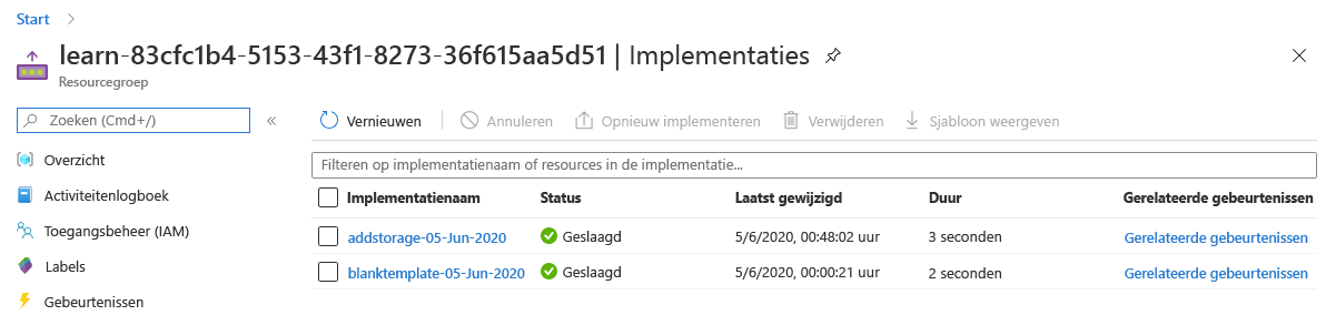 Screenshot of the Azure portal interface for the deployments with the two deployments listed and succeeded statuses.