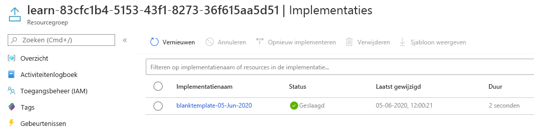 Azure portal interface for the deployments with the one deployment listed and a succeeded status.