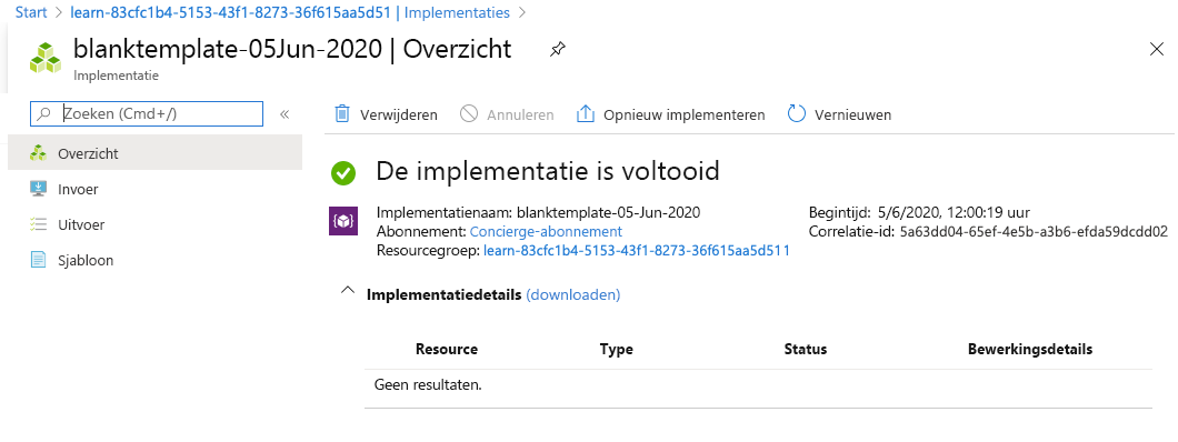 Azure portal interface for the specific deployment with no resources listed.