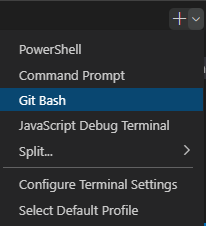 Screenshot of the Visual Studio Code terminal window showing the select shell drop-down.